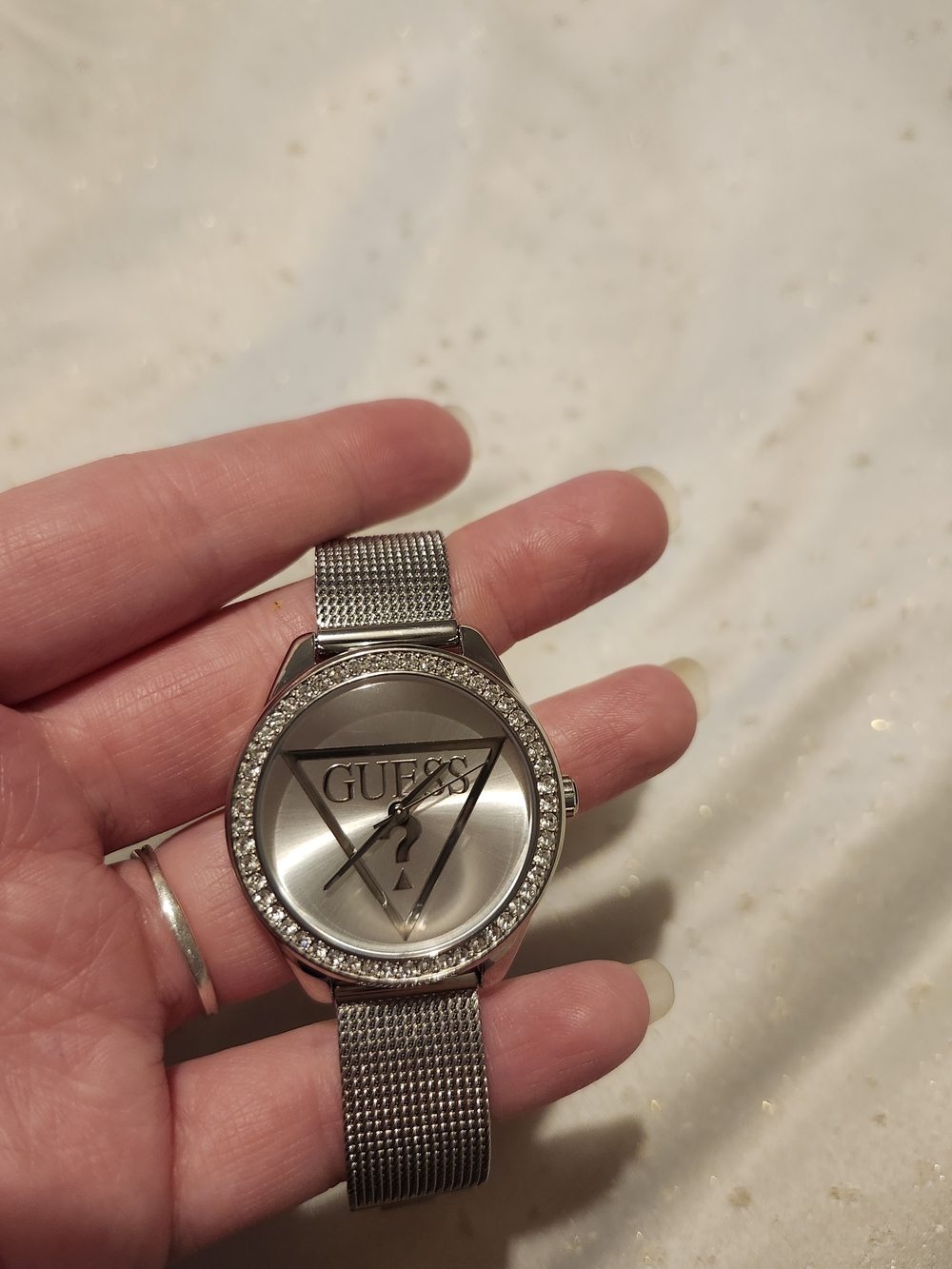 GUESS Silver Crystal-Trim Mesh Bracelet Watch